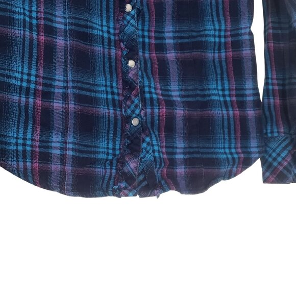 Y2K Decree Plaid Snap Button Down Shirt Size M Blue Grunge Western Cowgirl Rodeo - Picture 5 of 9